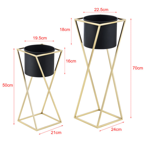 Set di 2 Portavasi in Metallo Supporto in Color Oro per Piante in 2 Altezze Diverse con Coprivaso Rotondo Nero 2 Portafiori di Design