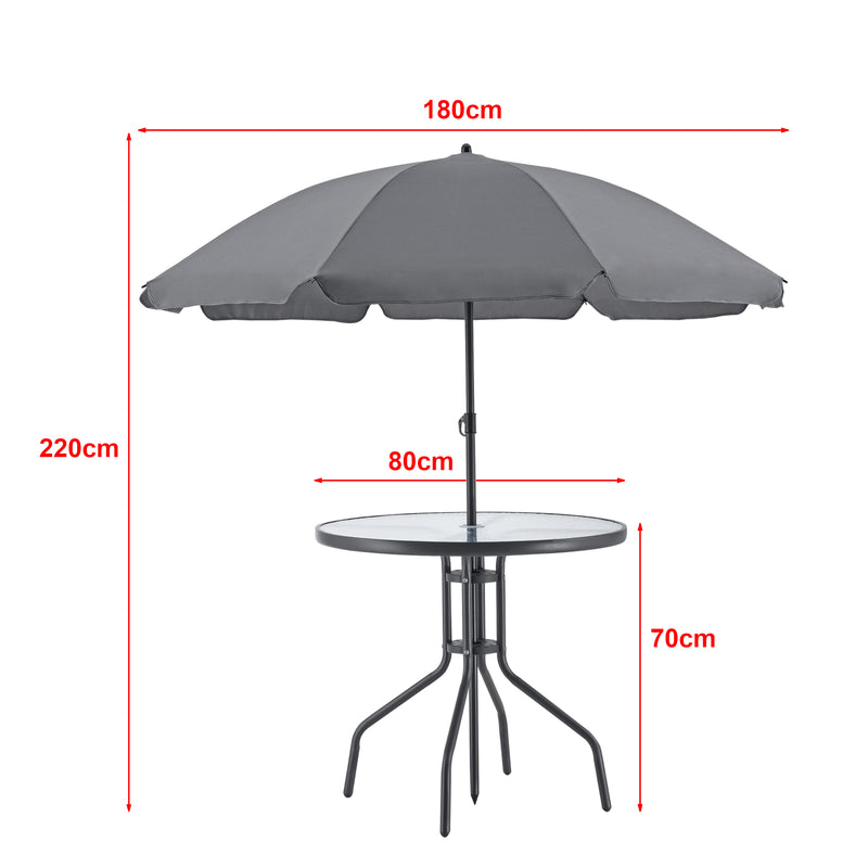 Schizzo in scala Set Mobili da Giardino Composto di Tavolo, 4 Sedie e Ombrellone - Set di Arredo ad Uso Esterno con Sedie Pieghevoli, Piano Tavolo in Vetro Temperato 