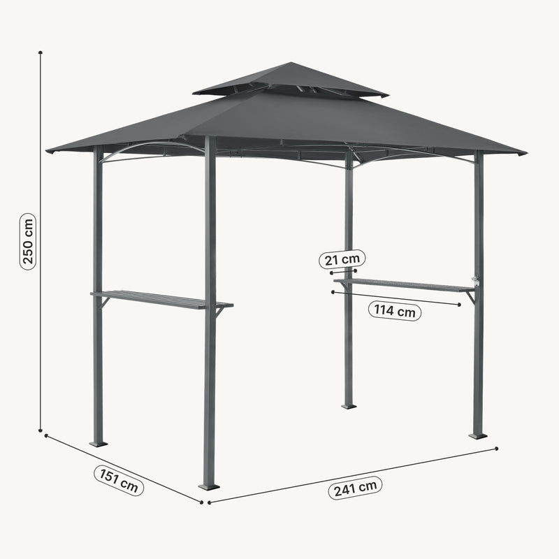 Schizzo in scala Gazebo per Barbecue Parga con Tetto Doppio e 2 Ripiani 250x241x151 cm - Grigio Scuro [en.casa]