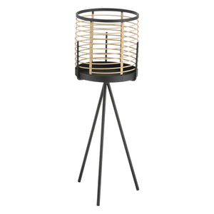Set di 2 Portavasi in Metallo - Supporto Nero a Treppiedi con Coprivaso a Righe Beige - Portapiante in 2 Misure Diverse 