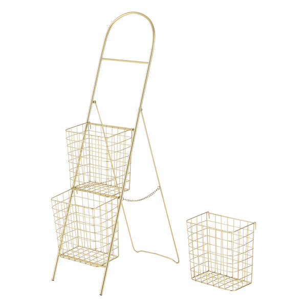 Scaffale di Design con 3 Cestini Rimovibili - Mobiletto in Metallo a Forma di Scala con 3 Contenitori - Portariviste, Portafrutta, Portaoggetti - Colore Ottone