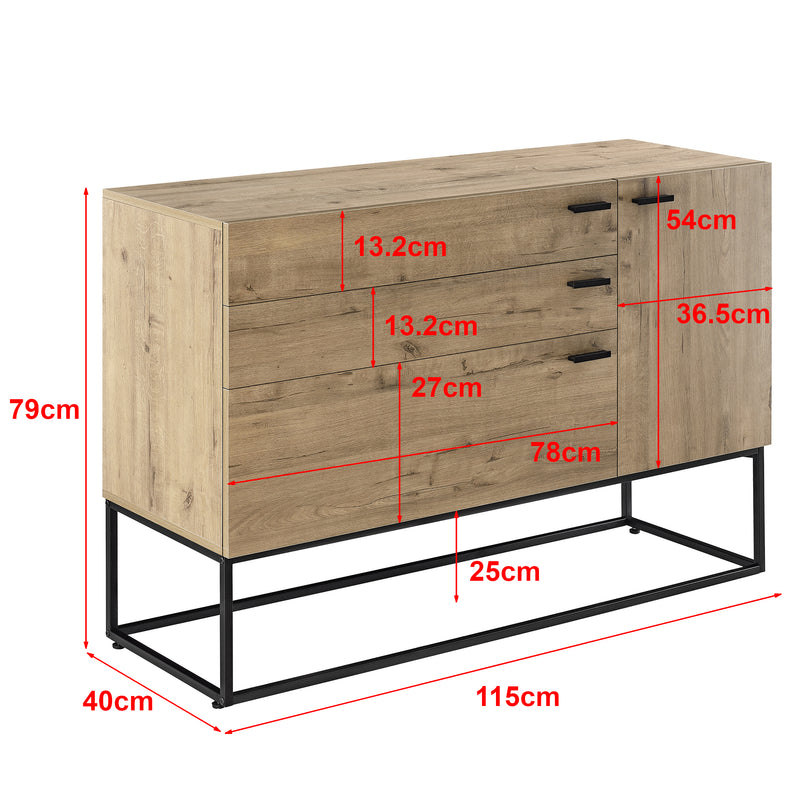Schizzo in scala Comò a 3 Cassetti e 1 Anta (AxLxP) 79 x 115 x 40 cm Cassettiera e Armadietto con Ripiano - Mobiletto in Effetto Rovere su Piedistallo Nero in Metallo