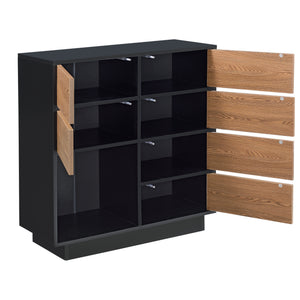 Mobile per Soggiorno/Ingresso/Ufficio con 6 Armadietti e 1 Scomparto Aperto, Comò 88x80x30cm (AxLaxP) Mobile a Terra con Ante Apertura a Pressione Push-to-Open - Nero/Effetto Legno