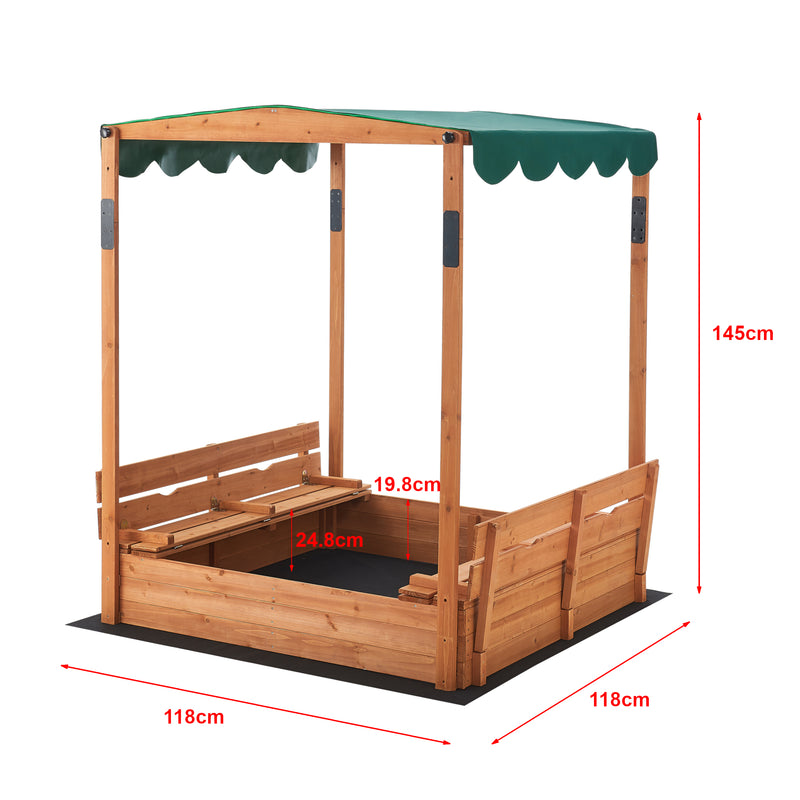 Schizzo in scala Sabbiera Pitsunda in Legno con Panchine e Tenda Parasole - Sabbiera Richiudibile [en.casa]