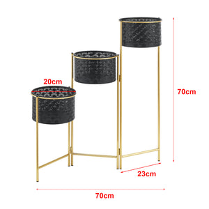Porta Vasi da Interno Portapiante Supporto per Piante con 3 Coprivasi Struttura a 3 Livelli Pieghevole in Color Ottone con 3 Portavasi di Forma Cilindrica in Color Nero [en.casa]
