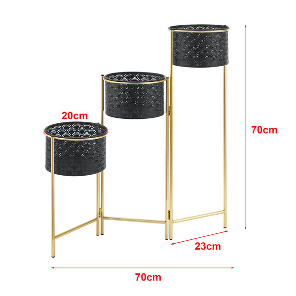 Porta Vasi da Interno Portapiante Supporto per Piante con 3 Coprivasi Struttura a 3 Livelli Pieghevole in Color Ottone con 3 Portavasi di Forma Cilindrica in Color Nero [en.casa]