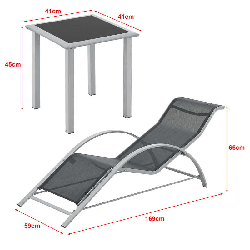 Schizzo in scala Set di Arredo Esterno 'Binetto' 2 Lettini Prendisole e 1 Tavolino - Grigio/Nero [en.casa]