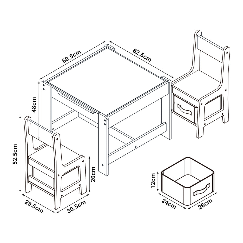 Schizzo in scala Set Irixoa Tavolo e 2 Sedie per Bambini Piano Lavagna Ribaltabile e Sedie con Cassetti Contenitori [en.casa]