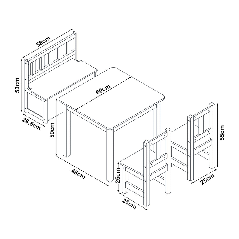 Schizzo in scala Set 'Lousame' Mobili per Cameretta Composto di 1 Tavolo, 2 Sedie e 1 Cassapanca - Bianco/Naturale [en.casa] 