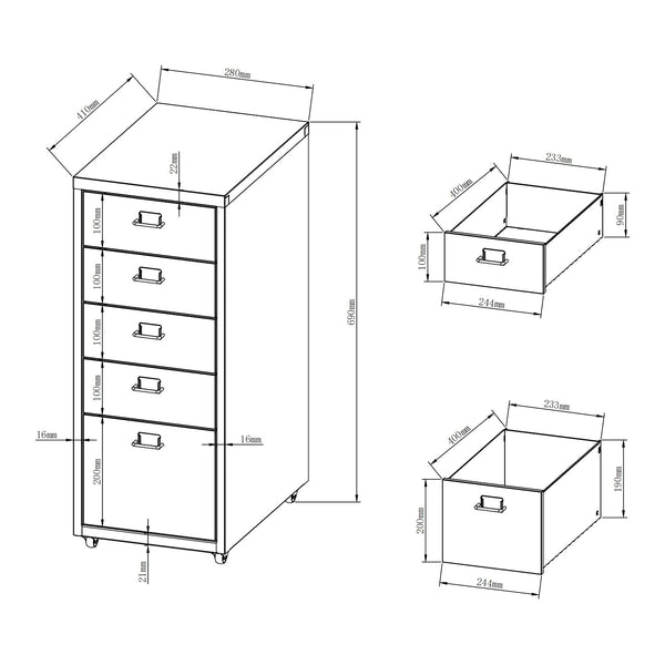 Cassettiera Kökar in Acciaio Mobile Archivio con 5 Cassetti e Rotelle - Vari Colori [en.casa] 