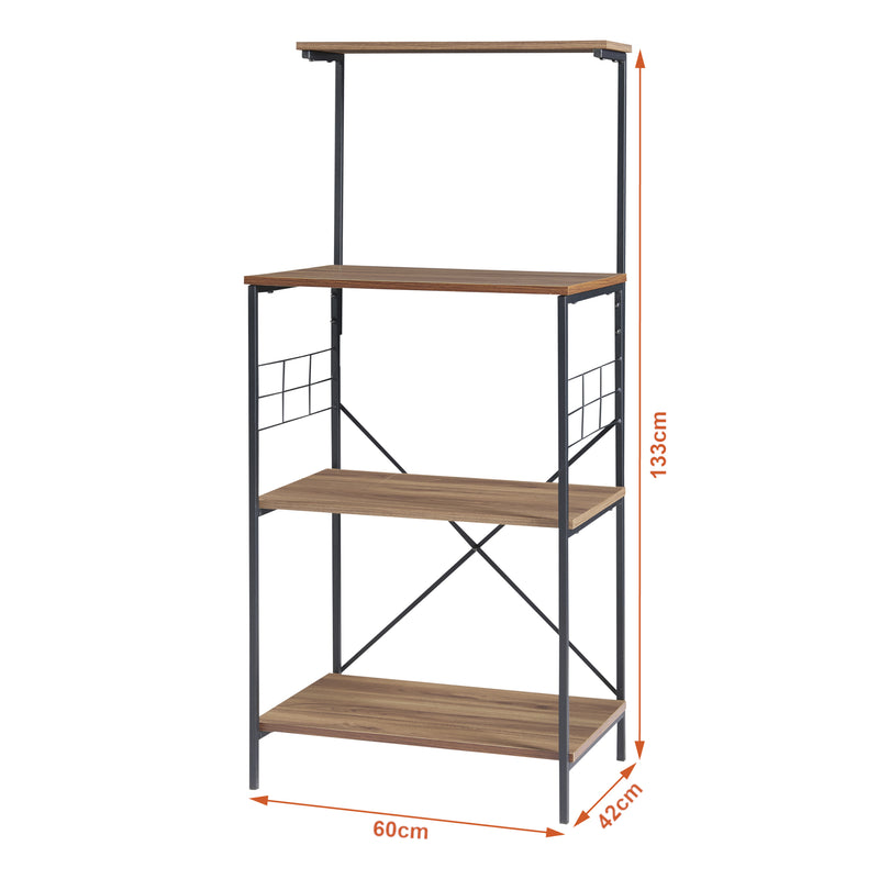 Schizzo in scala Scaffale da Cucina 'Billund' con 4 Ripiani Mobile per Microonde Portautensili - Nero / Effetto Noce [en.casa]