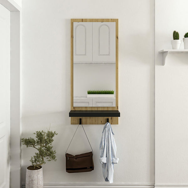 Pannello con Specchio 'Humlebæk' incl. 2 Ganci Appendiabiti e Ripiano - Rovere Artisan / Nero opaco [en.casa]