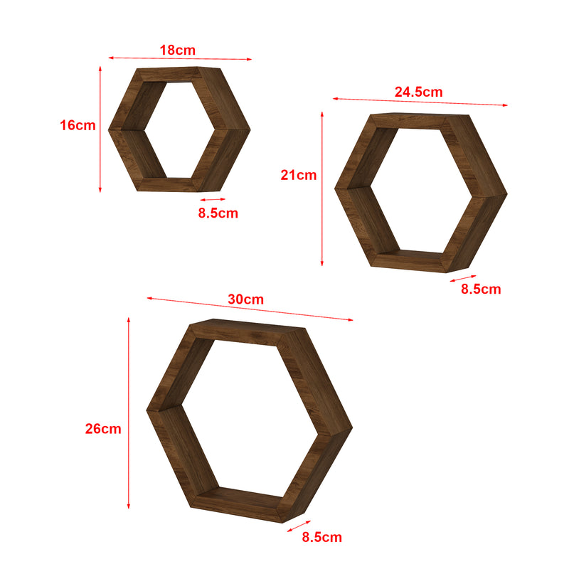 Schizzo in scala Set 'Stubbekøbing' di 3 Mensole da Muro in Misure Diverse Mensole in Legno di Pino Forma Esagonale - Legno Scuro [en.casa] 