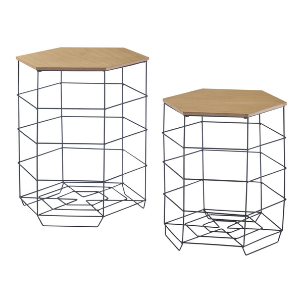 Set di tavolini Hørsholm set da 2 cestino in metallo nero / colore legno [en.casa]