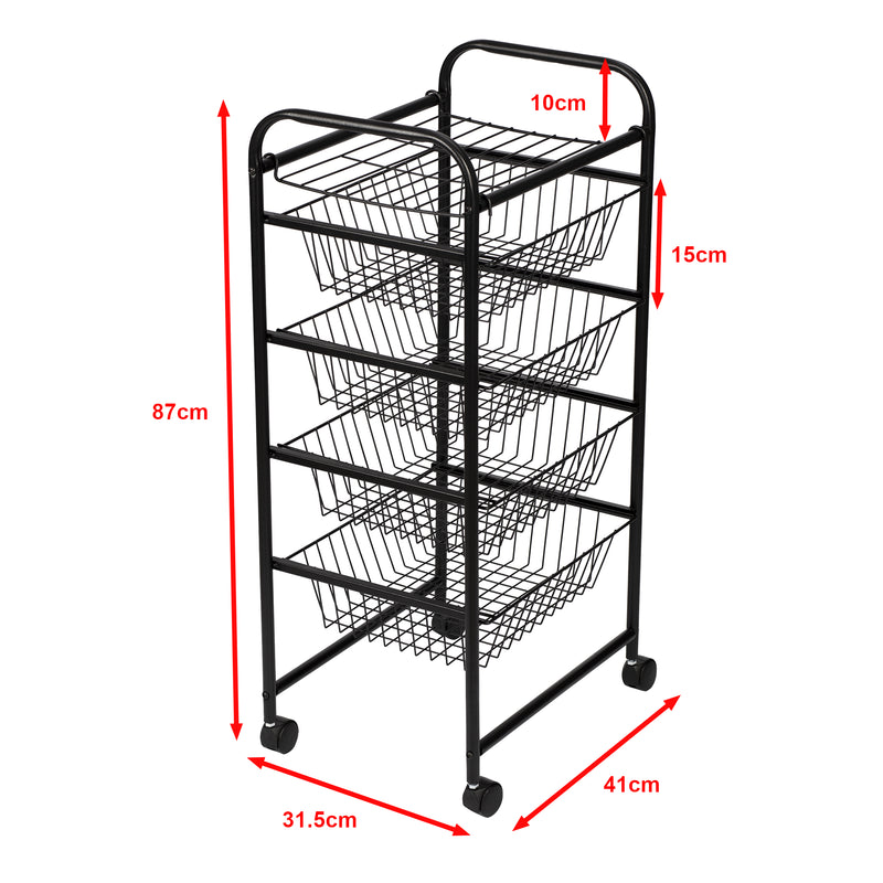 Schizzo in scala Carrello da Cucina 'Rudbjerg' Carrello con 4 Cesti a Rete e Piano Rimovibile Scaffale per Conservare Frutta e Verdura [en.casa] 