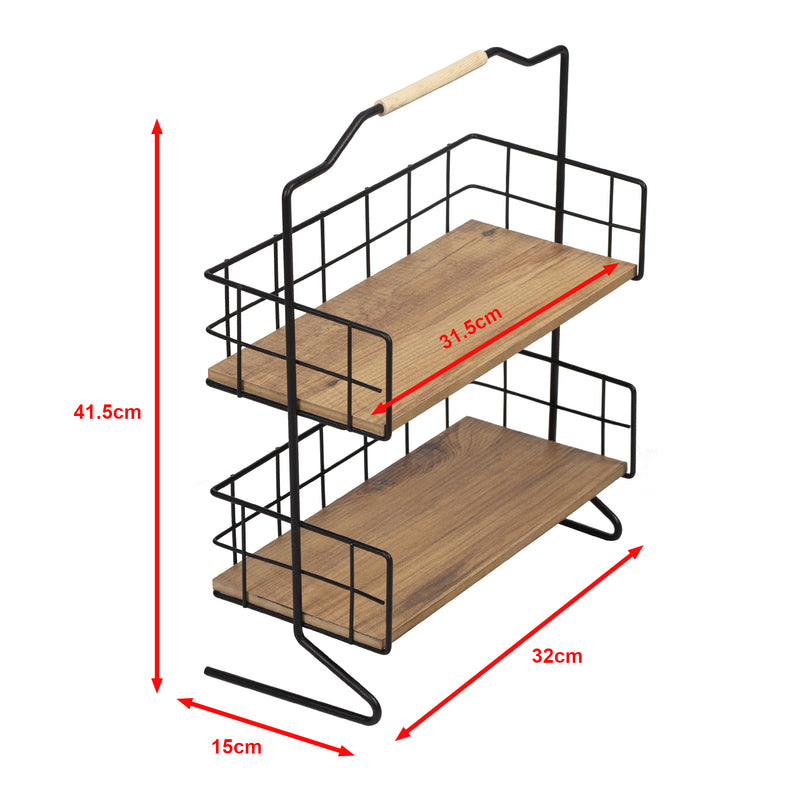 Schizzo in scala Scaffale Autoportante 'Sallingsund' Organizzatore Decorativa in Metallo con 2 Ripiani in MDF Portaoggetti per Bagno Cucina - Nero / Effetto Legno [en.casa] 