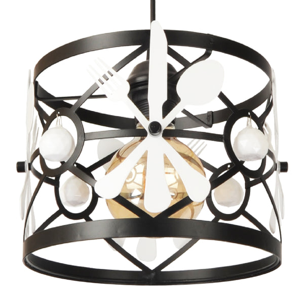 Lampada a Sospensione per Sala Pranzo Cucina Lampadario con Paralume Cilindrico con Disegno Posate e Pendenti Sferici - Nero / Bianco - lux.pro