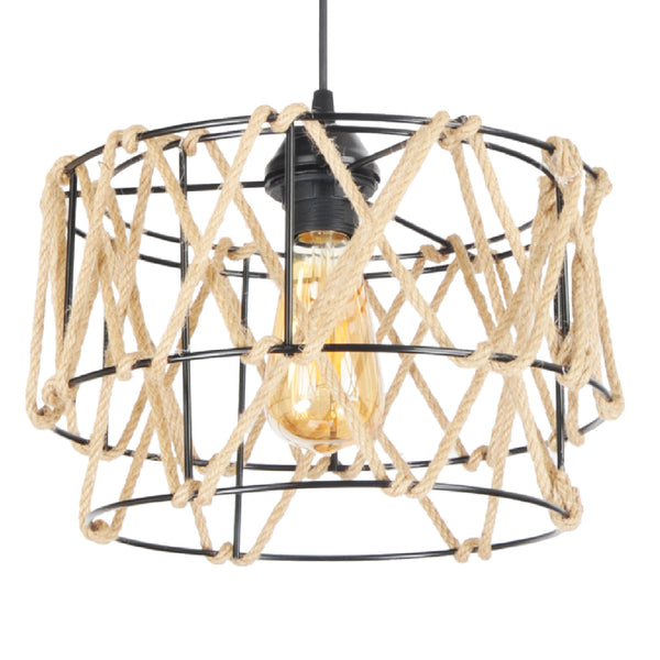 Lampada a Sospensione 'Maryport' Lampadario con Paralume a Gabbia con Corda - Nero / Naturale - lux.pro