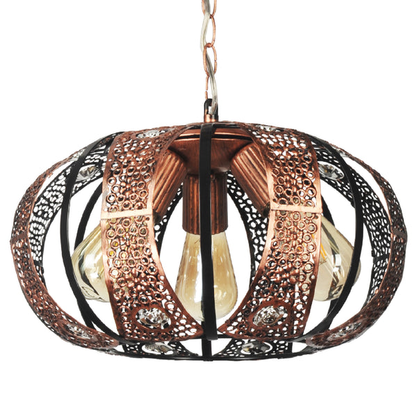 Lampada a Sospensione 'Harpenden' con 3 Fonti Luce Lampada da Soffitto con Paralume Sferico Ovale Struttura Semiaperta Lampadario Vintage - color Rame - lux.pro