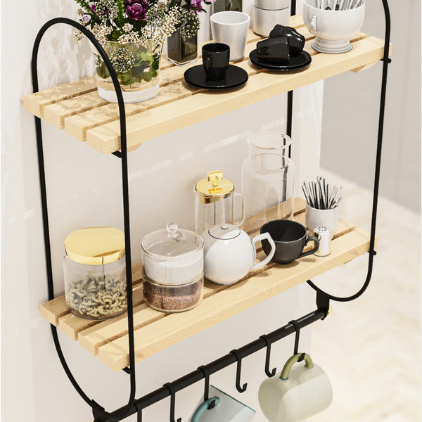 Mensola da parete Pielavesi con 6 ganci Nero/Naturale [en.casa]