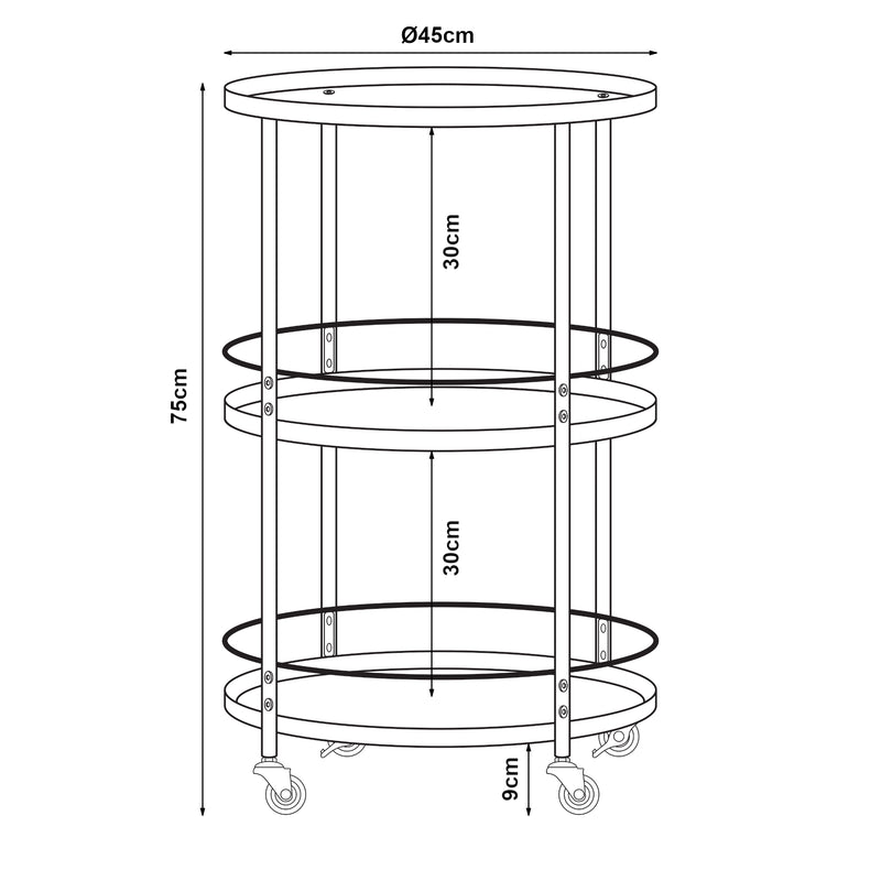 Schizzo in scala Carrello Portavivande Munkedal con 3 Ripiani Rotondi 75 x 45 cm Metallo Nero [en.casa]