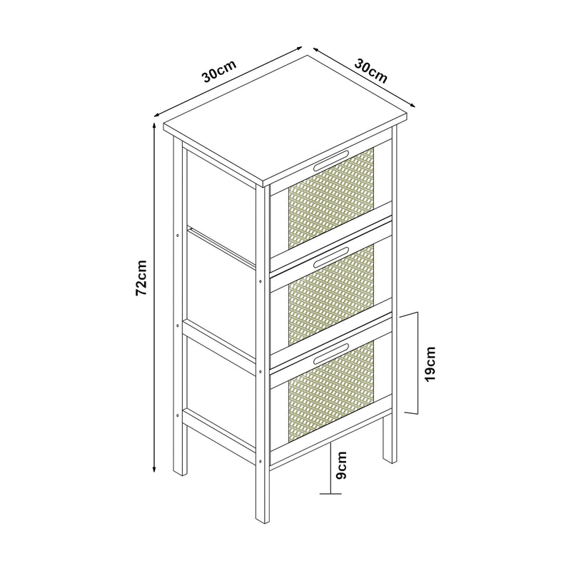Schizzo in scala Cassettiera Tervola con 3 Cassetti in Bambù - Nero / Naturale / Effetto Rattan [en.casa]