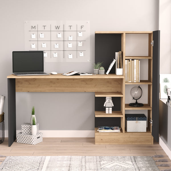 Scrivania Varhalo con Armadio Integrato e Ripiani Aperti - Effetto Rovere / Antracite [en.casa]