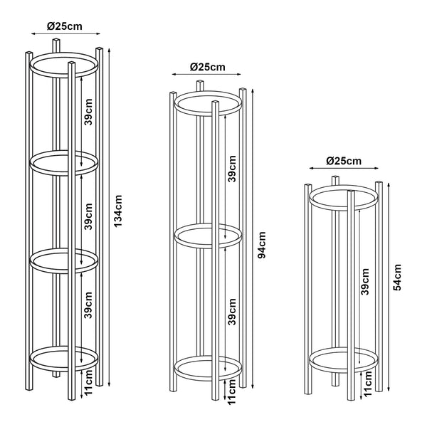 Set Tuusula di 3 Portavasi con 2/3/4 Sottovasi in Metallo - Nero [en.casa]