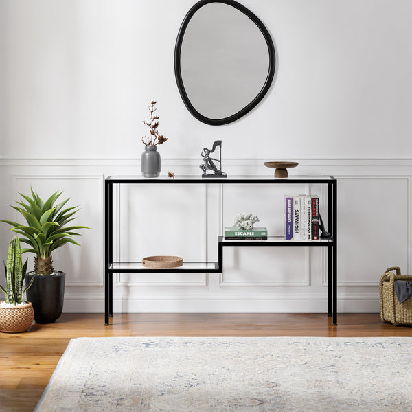 Consolle Videnel con piano in vetro 120x30x76 cm Nero [en.casa]