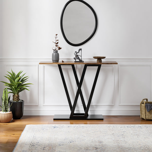 Tavolo a Consolle Seinshung con Telaio in Acciaio 110 x 30 x 80 cm - Nero / Effetto Noce [en.casa] 