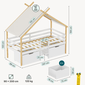 Letto Casetta per Bambini Surnadal 90x200 cm in Legno di Pino con Cassetti e Sbarre [en.casa] 