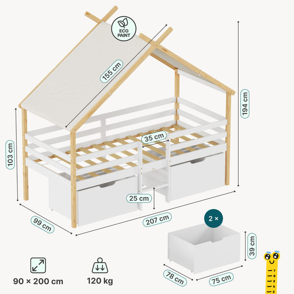 Letto Casetta per Bambini Surnadal 90x200 cm in Legno di Pino con Cassetti e Sbarre [en.casa] 