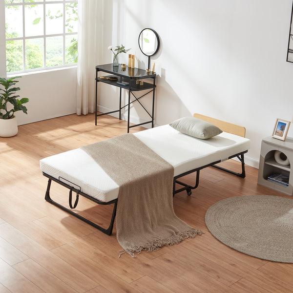 Letto pieghevole in metallo Lustendi con materasso 200x90cm Nero/effetto quercia [en.casa]