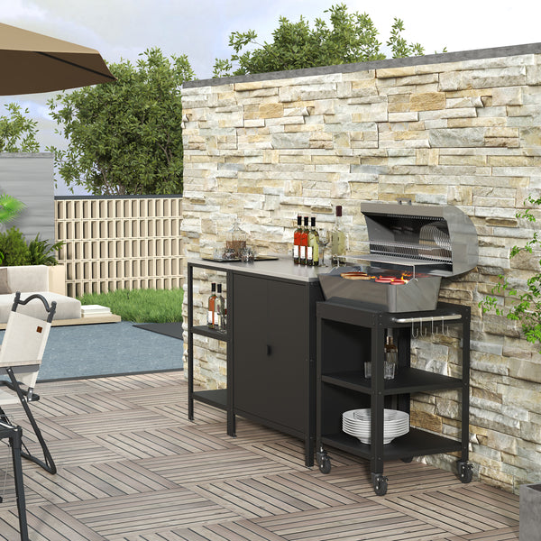 Set Bolognano Mobili da Esterno in Acciaio - Bancone Armadietto e Carrello Portavivande - Nero opaco casa.pro