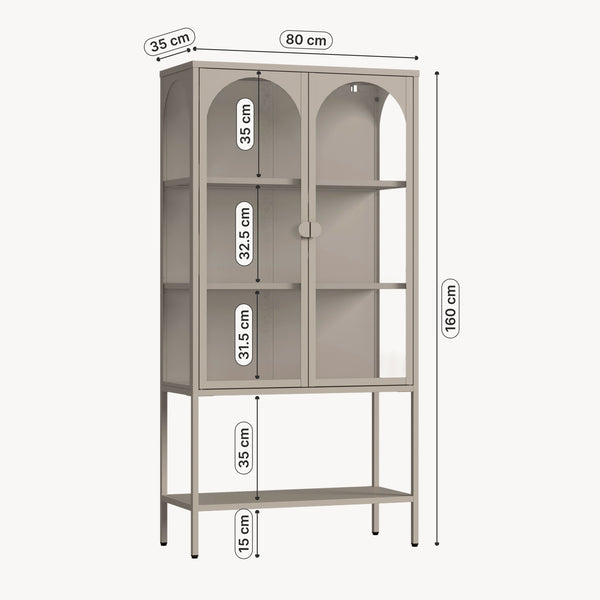 Vetrina Klippestad Credenza Alta a 2 Ante in Vetro e Ripiano Aperto 160 x 80 x 35 cm - Grigio Caldo [en.casa]