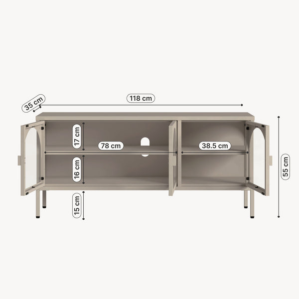 Vetrina Bassa Klippestad a 3 Ante in Vetro Credenza con 4 Scomparti 118 x 35 x 55 cm - Grigio Caldo [en.casa]

