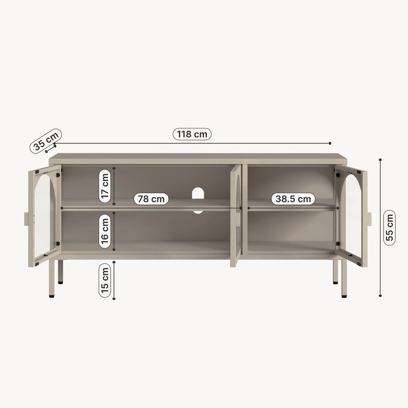 Schizzo in scala Vetrina Bassa Klippestad a 3 Ante in Vetro Credenza con 4 Scomparti 118 x 35 x 55 cm - Grigio Caldo [en.casa]

