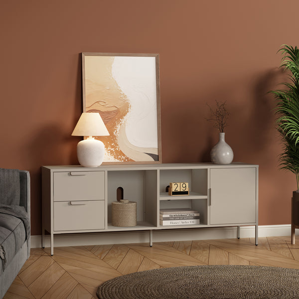 Mobile TV Kliri con 2 Cassetti Scomparti e Anta 150 x 35 x 58 cm in Acciaio - Color Cammello [en.casa]