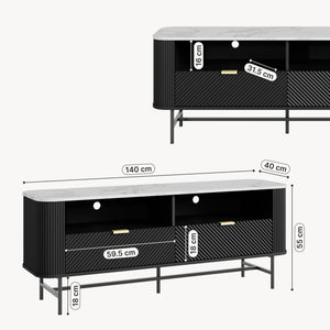 Mobile Porta TV Olvehok con Cassetti e Scomparti Aperti 140x40x55cm Nero / Effetto Marmo Bianco [en.casa] 