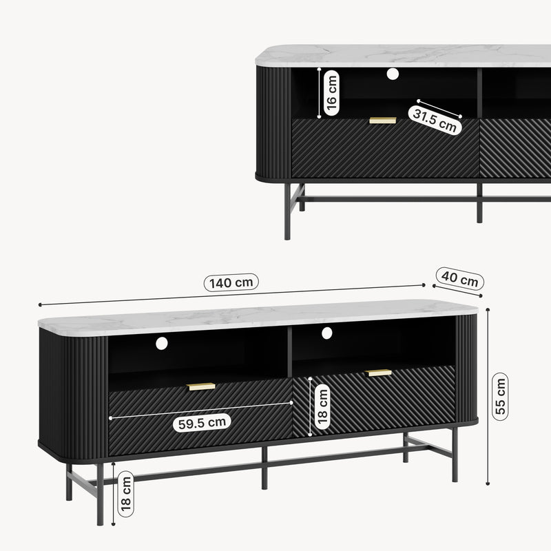 Schizzo in scala Mobile Porta TV Olvehok con Cassetti e Scomparti Aperti 140x40x55cm Nero / Effetto Marmo Bianco [en.casa] 