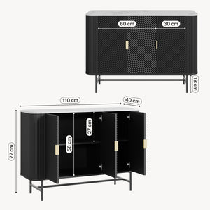 Mobile Contenitore Olvehok a 3 Ante Credenza con 4 Scomparti 110 x 40 x 77 cm - Nero / Effetto Marmo Bianco [en.casa]