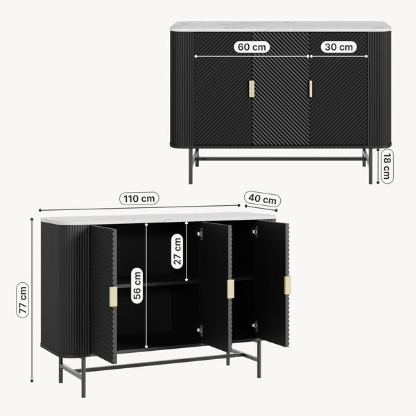 Mobile Contenitore Olvehok a 3 Ante Credenza con 4 Scomparti 110 x 40 x 77 cm - Nero / Effetto Marmo Bianco [en.casa]