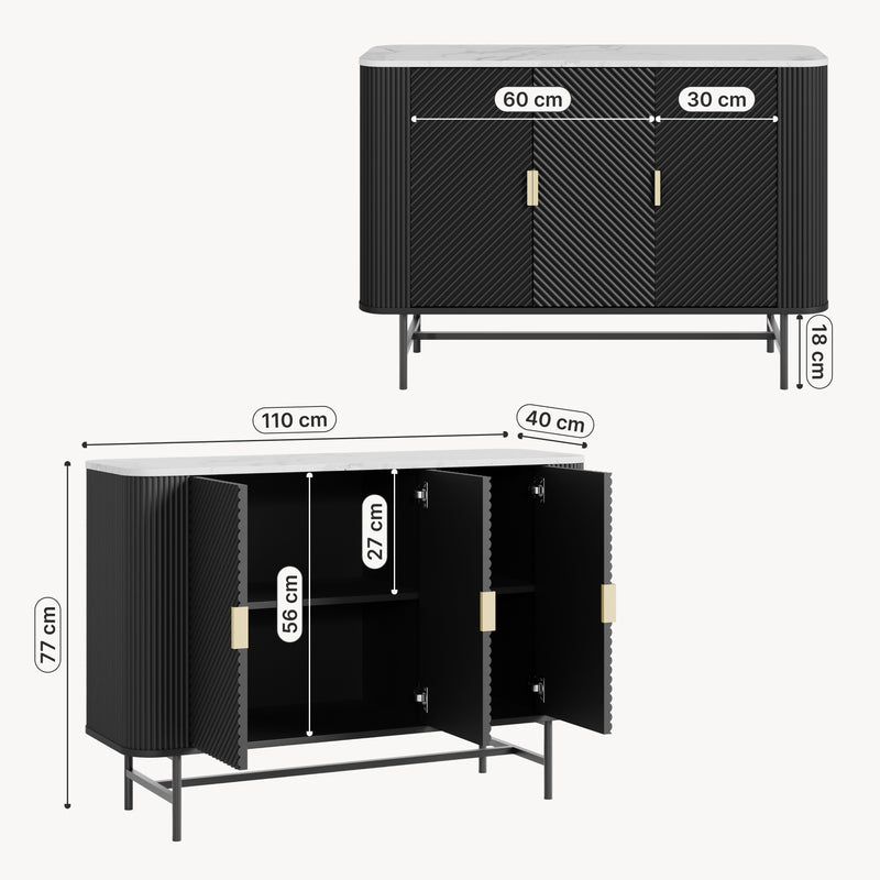 Schizzo in scala Mobile Contenitore Olvehok a 3 Ante Credenza con 4 Scomparti 110 x 40 x 77 cm - Nero / Effetto Marmo Bianco [en.casa]