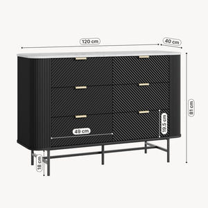 Comò a 6 Cassetti Olvehok Cassettiera 120 x 40 x 81 cm - Nero/Effetto Marmo Bianco [en.casa]