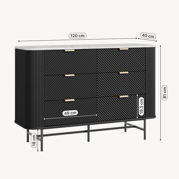 Comò a 6 Cassetti Olvehok Cassettiera 120 x 40 x 81 cm - Nero/Effetto Marmo Bianco [en.casa]