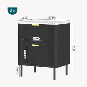 Set di 2 Comodini Olvehok con 2 Cassetti 55 x 52 x 38 cm - Nero / Effetto Marmo Bianco [en.casa] 