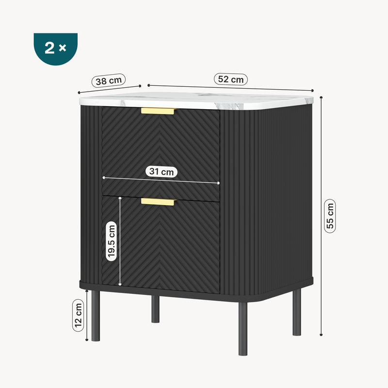 Schizzo in scala Set di 2 Comodini Olvehok con 2 Cassetti 55 x 52 x 38 cm - Nero / Effetto Marmo Bianco [en.casa] 
