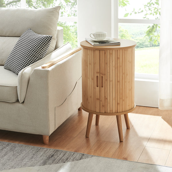 Comodino Nordkapp a 2 Ante Scorrevoli in Bambù Tavolino Rotondo 65xØ40 cm - Naturale [en.casa]