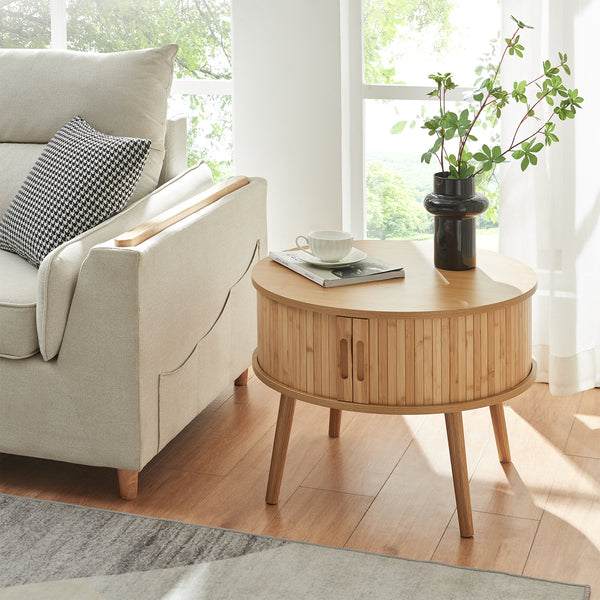 Comodino Rotondo Nordkapp a 2 Ante Scorrevoli in Bambù 45 x Ø60 cm - Naturale [en.casa]