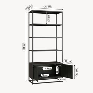 Libreria Hailuoto Scaffale in Acciaio con Ripiani Aperti e Armadietto 180x80x40 cm Nero opaco [en.casa] 